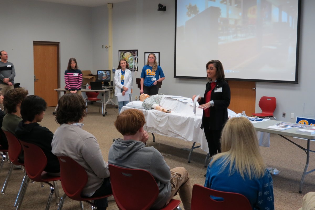Representatives from the Pitt School of Pharmacy visited FCAHS today with SimMan, an interactive manikin. By evaluating SimMan's realistic vitals and articulation of symptoms, students got hands-on experience in how medical professionals evaluate patients in emergency settings.