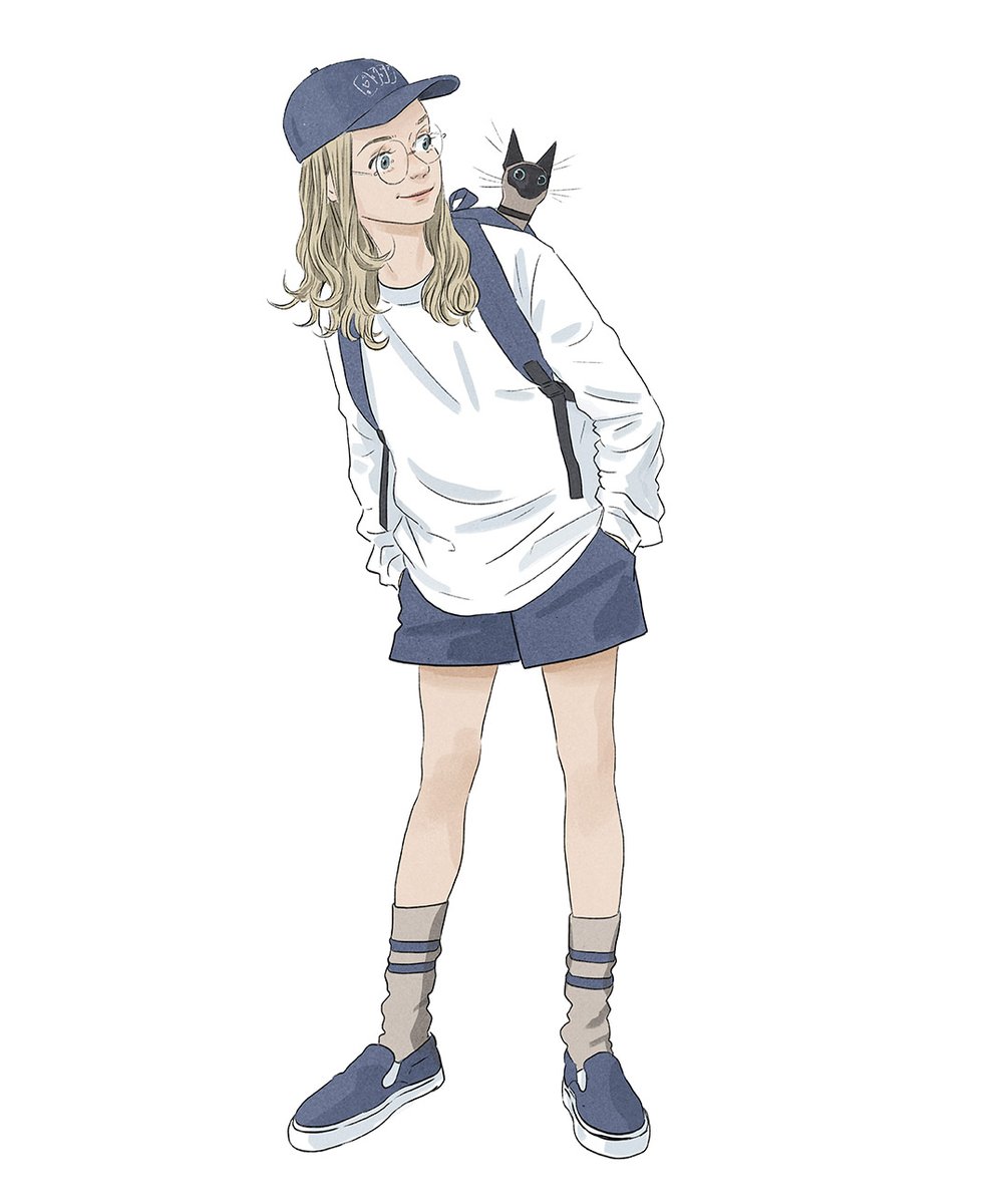 1girl hat glasses blue footwear shorts white background solo  illustration images