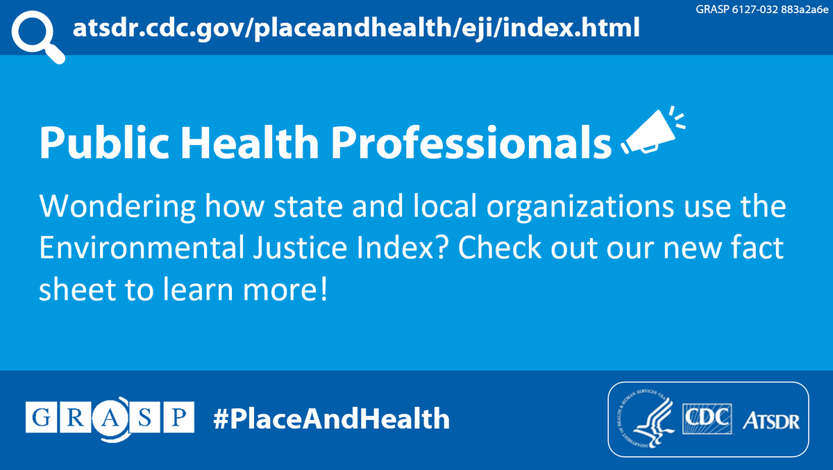 Public Health Professionals: 

Use our new Environmental Justice Index (#EJI) fact sheet to learn how state and local organizations use the EJI to assess #EnvironmentalJustice concerns in the communities. 

Learn more: bit.ly/3ufLprZ 
#PlaceandHealth