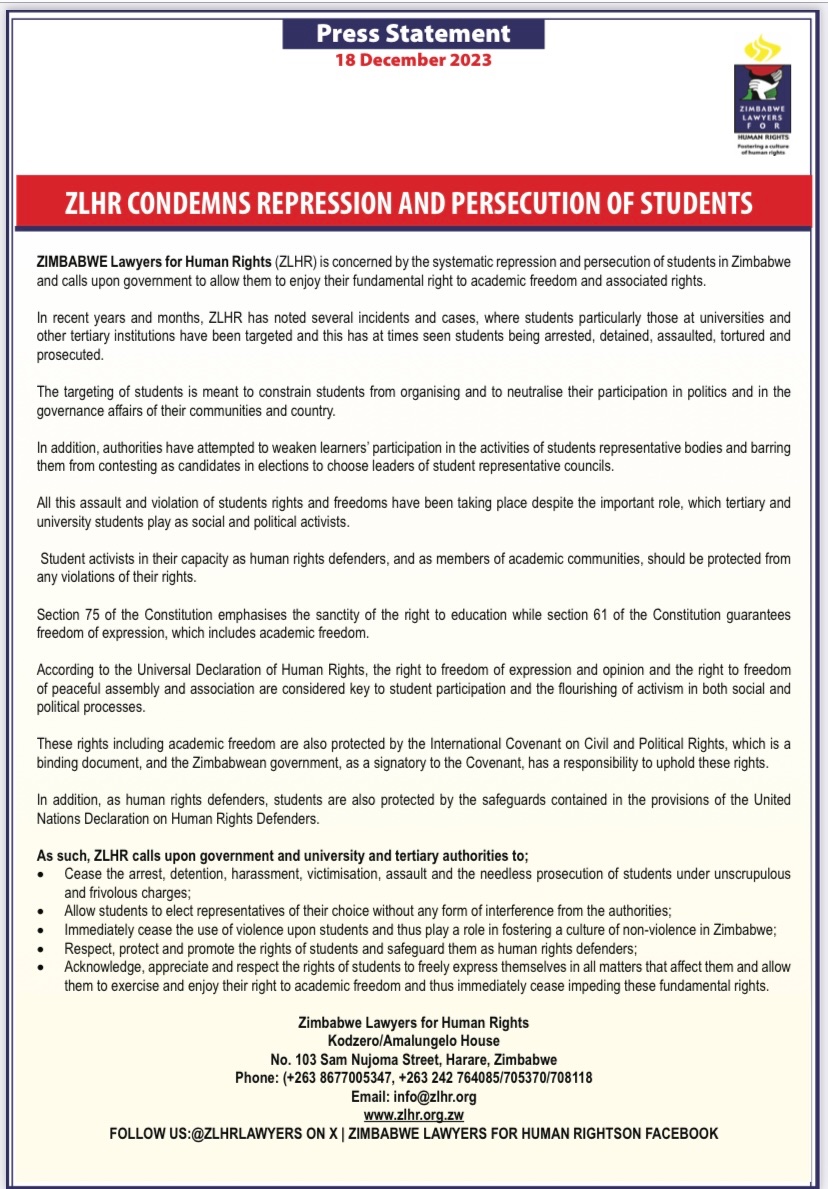 We appeal to university & tertiary institutions & govt, to cease repression & persecution of students @Zinasuzim