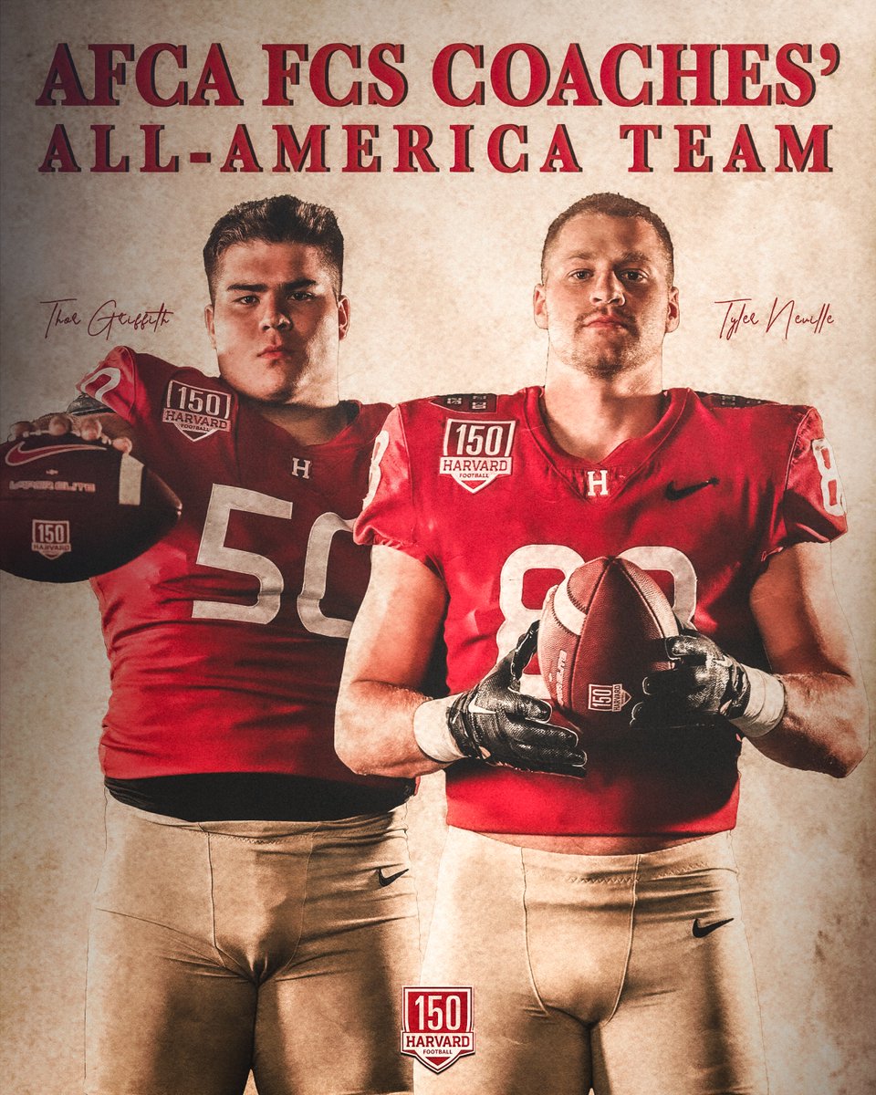 The All-America honors keep rolling in! Thor Griffith and Tyler Neville are AFCA FCS Coaches' All-America Second-Team selections. 🗞️ bit.ly/41sin5b #GoCrimson x #HarvardFootball150
