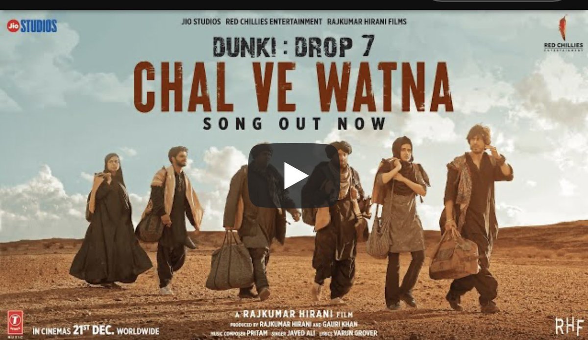 Dunki's new song Chal Ve Watna #DunkiDrop7 is out now. 
❤️❤️❤️
#Dunki 
#DunkiTomorrow
