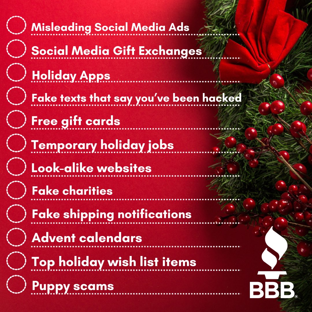 The Naughty List: BBB's 12 Scams of Christmas 🎅🏼🎄

With 2023 quickly winding down, the Better Business Bureau of South Central Louisiana has compiled our naughty list of the top 12 scams of Christmas you need to look out for.

TIPS&gt;&gt; bbb.org/article/news-r…