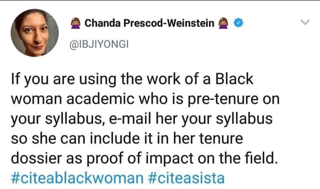 Dr. Porchia Moore (@porchiamusem) on Twitter photo I'm always amazed at the sheer impact and influence of Black women in and outside of academia who rarely get the credit they deserve. Cite, credit, and celebrate Black women's contributions. Thank you <a href="/IBJIYONGI/">chanda.bsky.social prescod-weinstein</a> I'm always amazed at the sheer impact and influence of Black women in and outside of academia who rarely get the credit they deserve. Cite, credit, and celebrate Black women's contributions. Thank you <a href="/IBJIYONGI/">chanda.bsky.social prescod-weinstein</a>