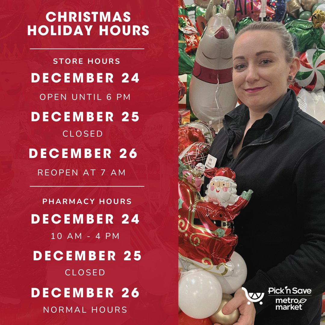 Christmas Holiday Hours Update! Our store hours differ around #Christmas so associates can enjoy the #holiday w/ their loved ones. ✨Store Hours: 12/24: Open until 6pm 12/25: Closed 12/26: Reopen at 7am ✨Pharmacy Hours: 12/24: 10am-4pm 12/25: Closed 12/26: Normal hours