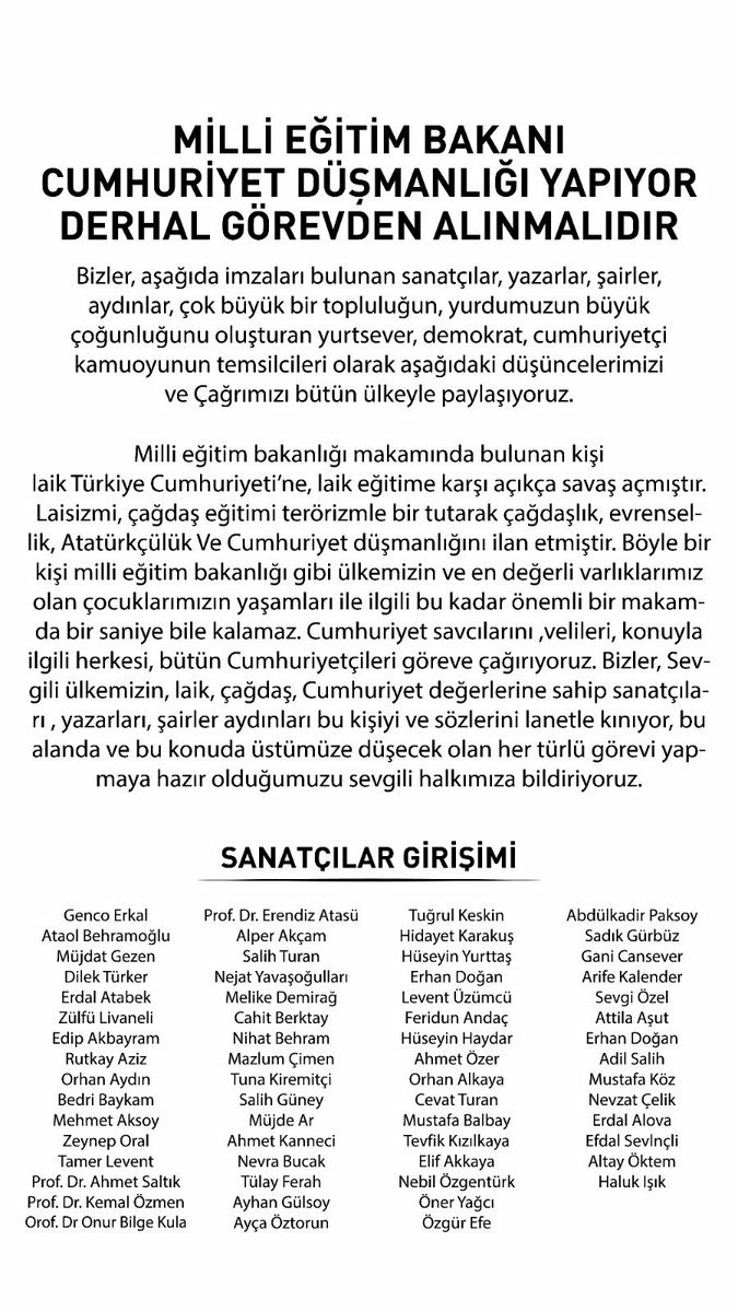 SÖZDE sanatçılar siz MEB’nını kınamadan önce, Türkiye düşmanlarını kınayın, PKK’yı kınayın, PYD’yi kınayın, DHKPC’yi kınayın, Türkiye bu topraklarda işgalci diyen Bayanı kınayın, Filistinde insanları katledenleri kınayın, En Önemlisi bunları kınayamadığınız için kendinizi kınayın