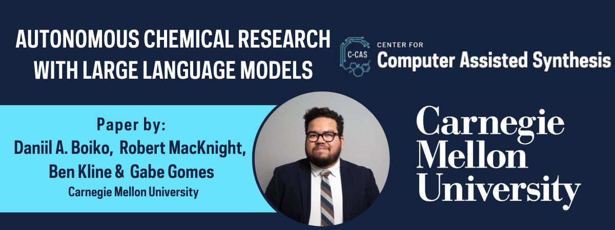 🔬 We have news! You can find our latest paper from the Gomes Group (@gpggrp) on chemical research with large language models in @Nature! Title: “Autonomous chemical research with large language models” Read more here: nature.com/articles/s4158… #science #research #compchem #CMU