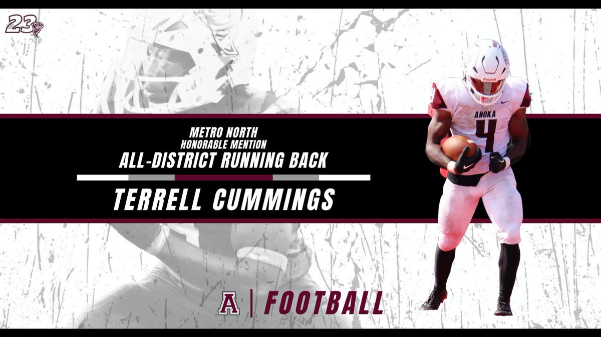 Anoka Football (@anokafootball) on Twitter photo Congratulations to <a href="/TerrellCummin12/">Terrell (tboog) Cummings🇱🇷</a> for being honored as 2023 Metro North Honorable Mention All-District at Runningback. #EAT Congratulations to <a href="/TerrellCummin12/">Terrell (tboog) Cummings🇱🇷</a> for being honored as 2023 Metro North Honorable Mention All-District at Runningback. #EAT