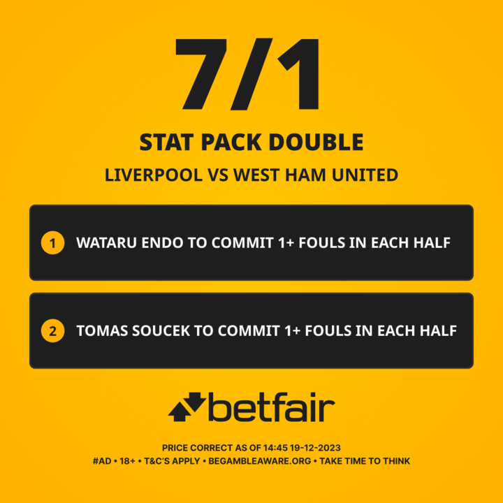 FootyAccums's tweet image. Our #StatPack double for tonight is LIVE!

- Endo 1+ fouls each half  
- Soucek 1+ foul each half    

7/1 betslip link 👉 footyaccums.bet/StatPackDouble…

#Ad 18+ BeGambleAware