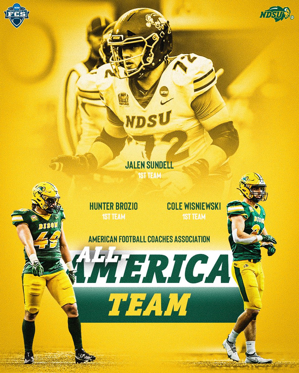 Left tackle Jalen Sundell, long snapper Hunter Brozio and safety Cole Wisniewski have been named to the @WeAreAFCA #FCS All-America Team. NDSU is the only school with three first-team selections. 🤘 🗒️: gobison.com/news/2023/12/2…