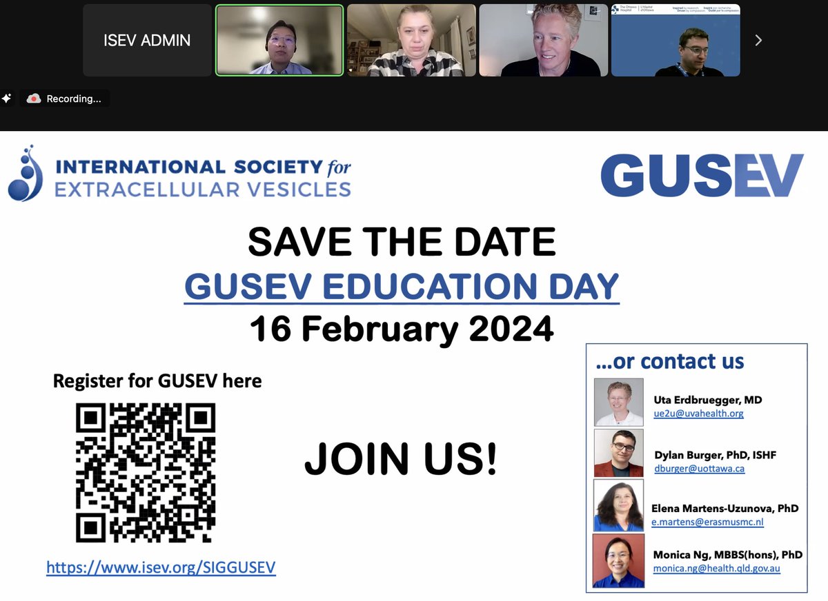 It's fantastic to see the growth of #GUSEV, the @IsevOrg special interest group on genitourinary system #ExtracellularVesicles. Here we have all four co-chairs of GUSEV on #EVClub plus an amazing paper on #mRNAs found in #uEVs. They will have an #EducationDay on Feb 16...see…