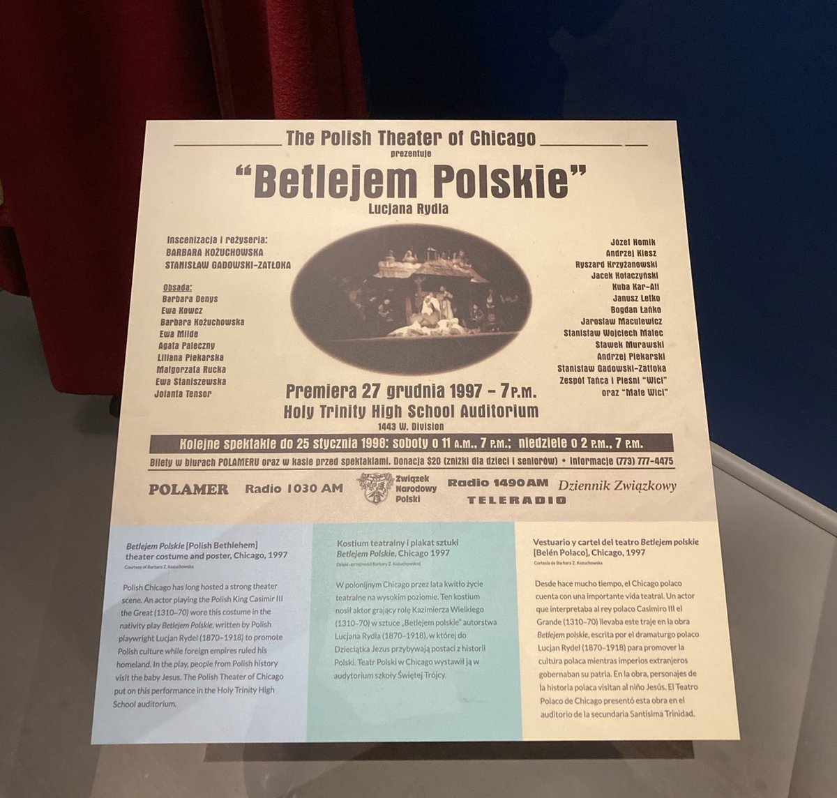 Chicago's Polish theater scene has helped preserve a sense Polishness (Polskość). Nativity plays are a Christmas tradition, & in 'Betlejem Polskie,' people from Polish history visit the baby Jesus. You can find this costume & poster (1997) in #BackHomeCHM.
ow.ly/oHLu50QkJbJ