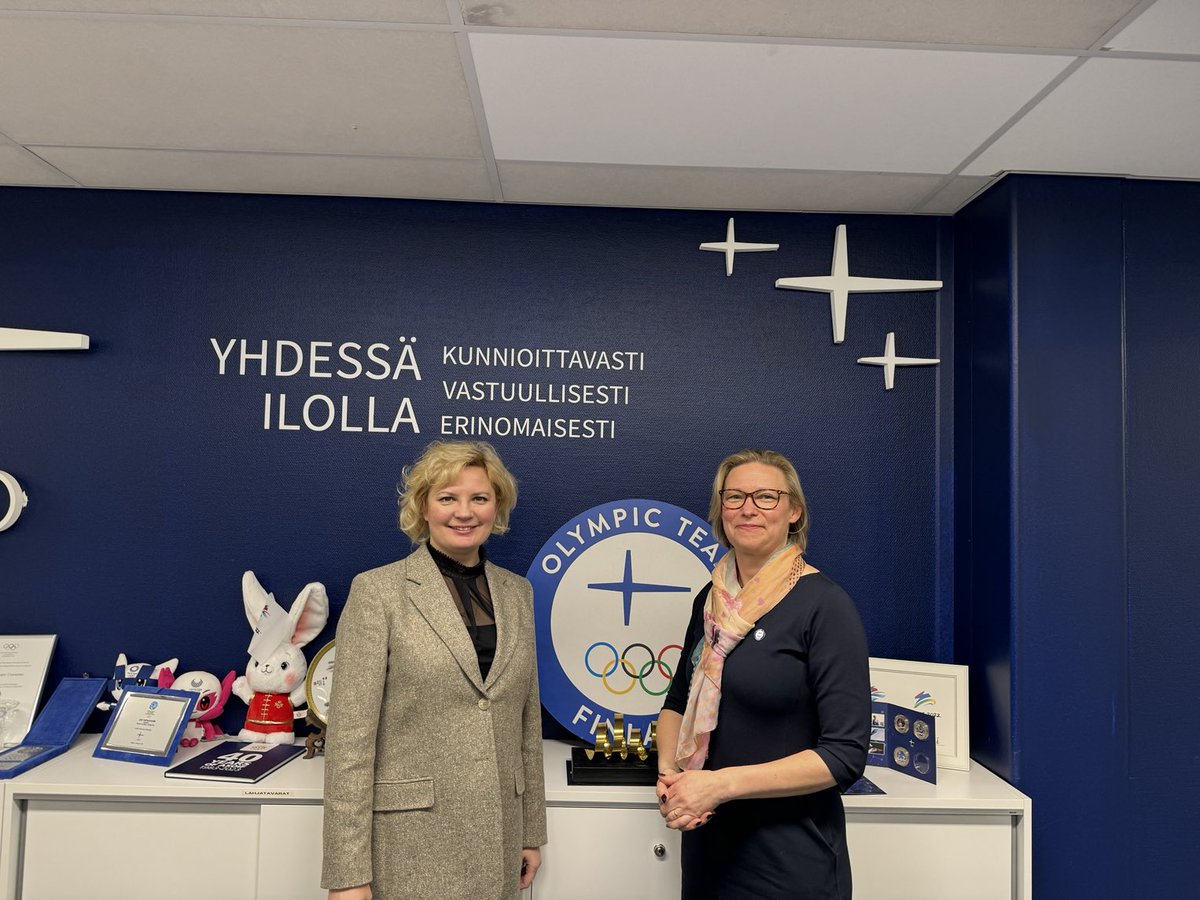 Olga Dibrova 🌻 (@olgadibrova1) on Twitter photo Had a pleasure to meet <a href="/tsusiluoto/">Taina Susiluoto</a>, <a href="/Olympiakomitea/">Olympiakomitea</a>.
We value <a href="/Olympiakomitea/">Olympiakomitea</a> ‘s firm stance to ban rf athletes from international competitions. We stand together for the principles of Olympism. Thank you for being on the right side of history with us 🇺🇦🇫🇮. <a href="/Vapaavuori/">Jan Vapaavuori</a> Had a pleasure to meet <a href="/tsusiluoto/">Taina Susiluoto</a>, <a href="/Olympiakomitea/">Olympiakomitea</a>.
We value <a href="/Olympiakomitea/">Olympiakomitea</a> ‘s firm stance to ban rf athletes from international competitions. We stand together for the principles of Olympism. Thank you for being on the right side of history with us 🇺🇦🇫🇮. <a href="/Vapaavuori/">Jan Vapaavuori</a>