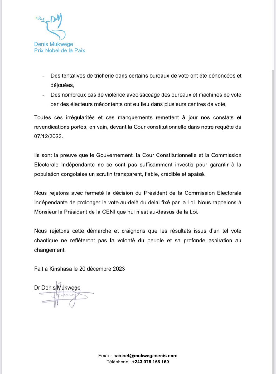 #RDC: #Elections2023|  “Nous rejetons avec fermeté la décision du Président de la Commission Electorale Indépendante de prolonger le vote au-delà du délai fixé par la Loi. Nous rappelons à Monsieur le Président de la CENI que nul n'est au-dessus de la Loi” <a href="/DenisMukwege/">Denis Mukwege</a>