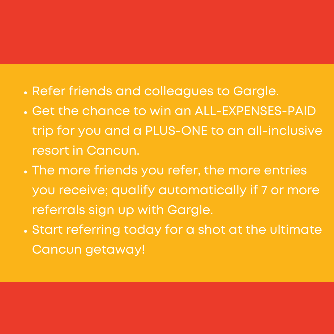 GetGargleCo's tweet photo. Spread the holiday cheer by referring your friends and colleagues to Gargle, and you could sleigh your way to winning an ALL-EXPENSES-PAID trip for you and a plus-one to a luxurious, all-inclusive resort in Cancun! 🏖️

#getgargle https://t.co/xRPA61QeVi