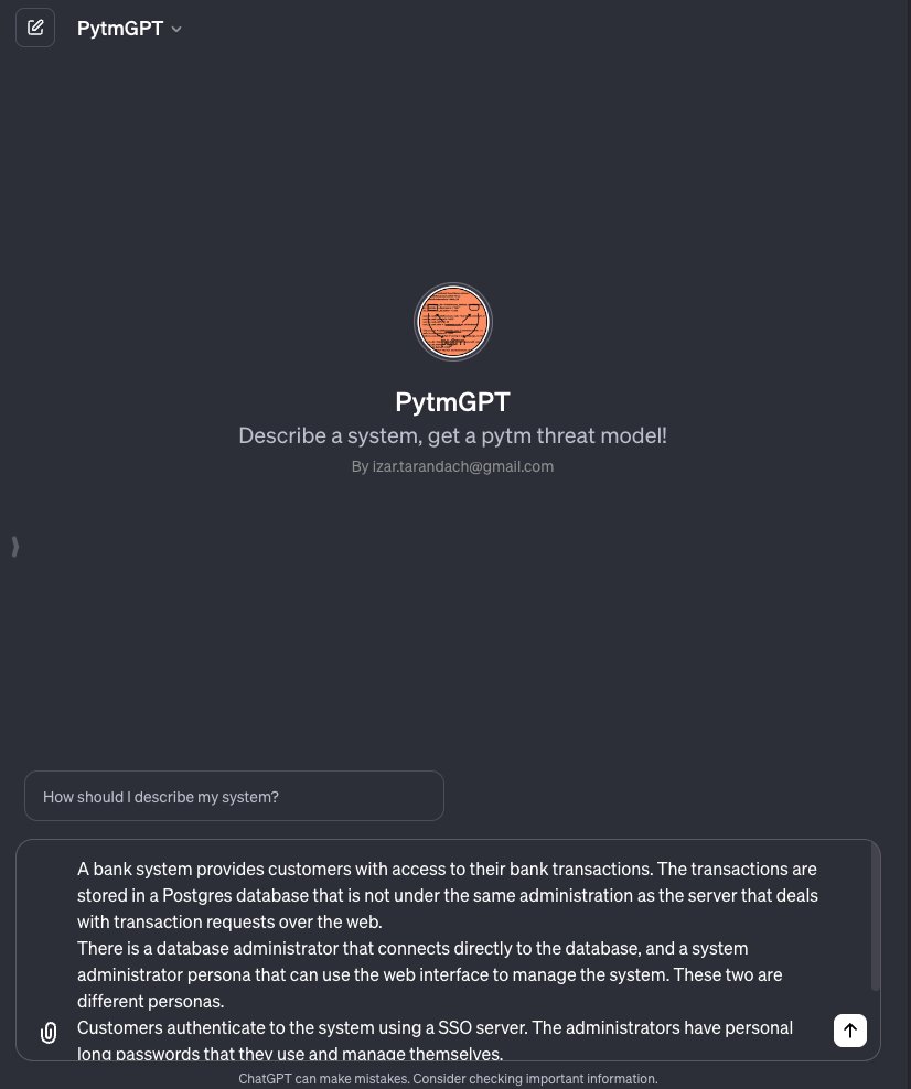 izar_t's tweet image. Meet pytmGPT. Explain your system in prose, get a pytm script you can continue iterating over. 

#threatmodeling