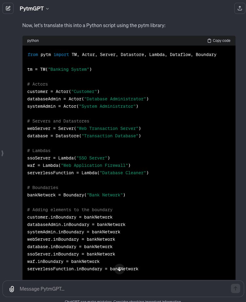 izar_t's tweet image. Meet pytmGPT. Explain your system in prose, get a pytm script you can continue iterating over. 

#threatmodeling