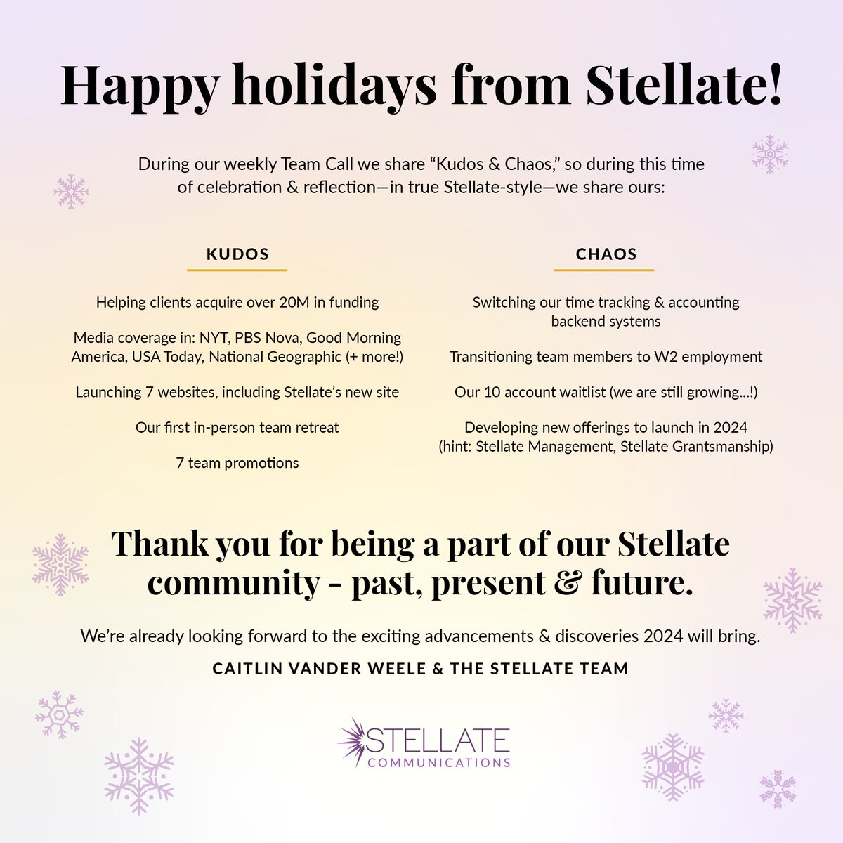 Stellate Communications on X: Another Stellate year is almost in the  books! Take a peek below to learn more about our major accomplishments &  challenges! Thank you to our Stellate community 