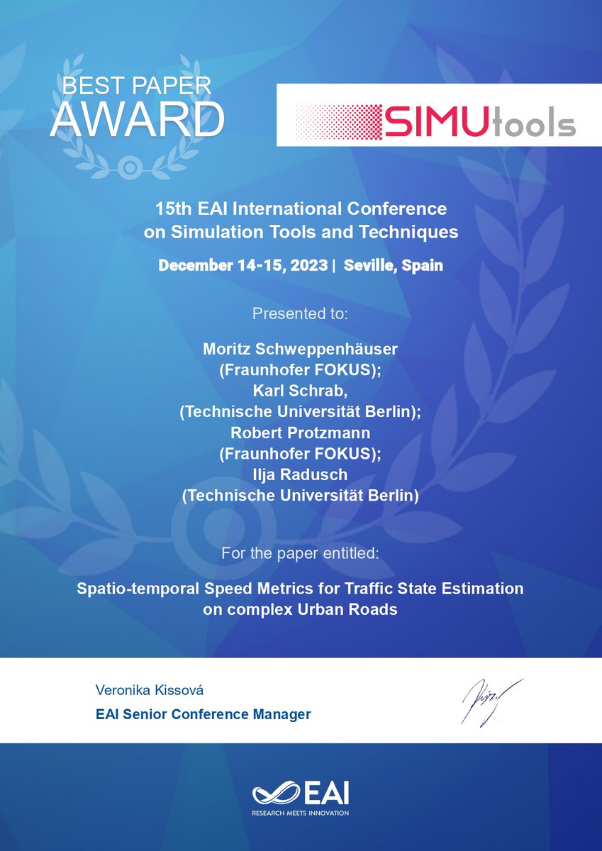 Simutools2023's tweet image. Congratulations to Moritz Schweppenhäuser, Karl Schrab, Robert Protzmann, and Ilja Radusch for the Best Paper Award of the SIMUtools conference for the paper &quot;Spatio-temporal Speed Metrics for Traffic State Estimation on Complex Urban Roads&quot;, great work! @JLGuisado #SIMUTools2023