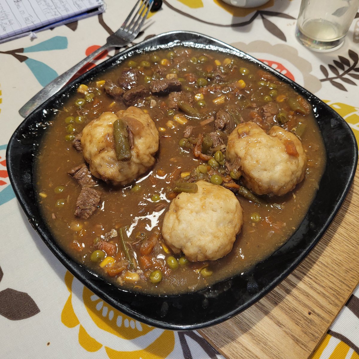 Beef stew and dumplings, with fresh, homemade, buttered roll.

#greatBritishfood