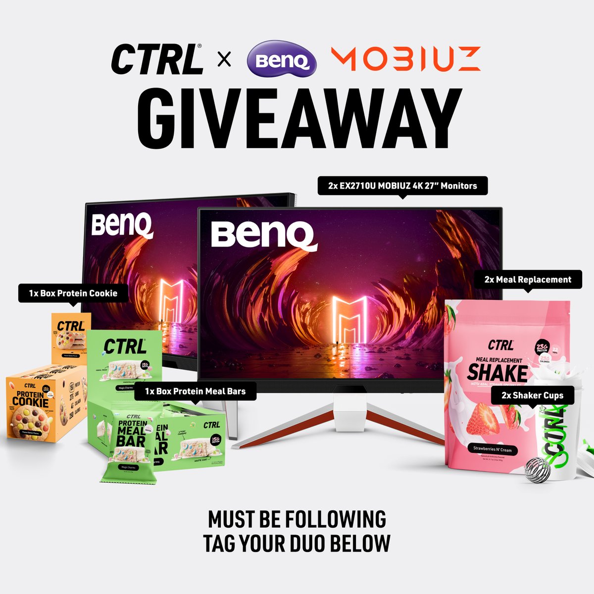 🌟Join the CTRL x BenQ MOBIUZ New Year's Resolution Giveaway🌟 We've teamed up with @DrinkCTRL to kickstart your year right! Prizes: 🖥️ 2x #EX2710U 4K #MOBIUZ Gaming Monitors 🍔 2x Meal Replacement Shakes 🍪 2x Boxes of Protein Cookies 🍫 2x Boxes of Meal Bars 🥤 2x Shaker Cups
