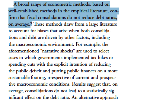 heimbergecon's tweet photo. IMF research: "A broad range of econometric methods, based on well-established methods in the empirical literature, confirm that fiscal consolidations do not reduce debt ratios, on average."

I still don't see this properly considered in European debates on public debt ratios. https://t.co/I6wTUaH13n