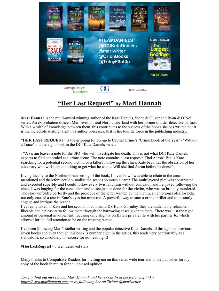 MiriamLSmith3's tweet photo. Proud to share my review for @mariwriter’s #HerLastRequest  - 8th in her #DCIKateDaniels books on behalf of @Tr4cyF3nt0n &amp; @orionbooks series wide blog tour
@DCIKateDaniels #AMothersMusingsSunderland #AMakemMothersMusings #PoliceProcedural #NorthumbriaCID #TeamDaniels #MariHannah https://t.co/mjWWhNQ1lL