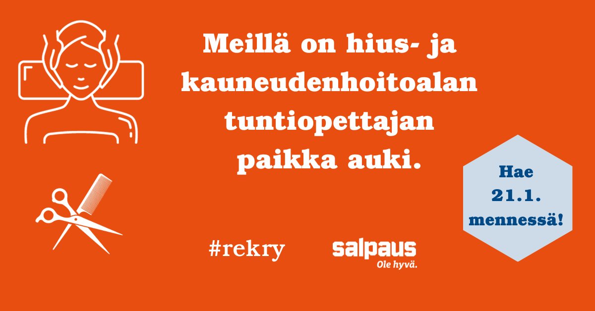 Haemme Salpaukseen moniosaajaa hius- ja kauneudenhoitoalan opetus- sekä ohjaustehtäviin 4.3. alkaen. 

Lue lisää ja hae 21.1.2024 mennessä. 👉 bit.ly/47sX5p7

#rekry #AvoinTyöpaikka #opettaja  #HiusJaKauneudenhoito #SalpausOleHyvä