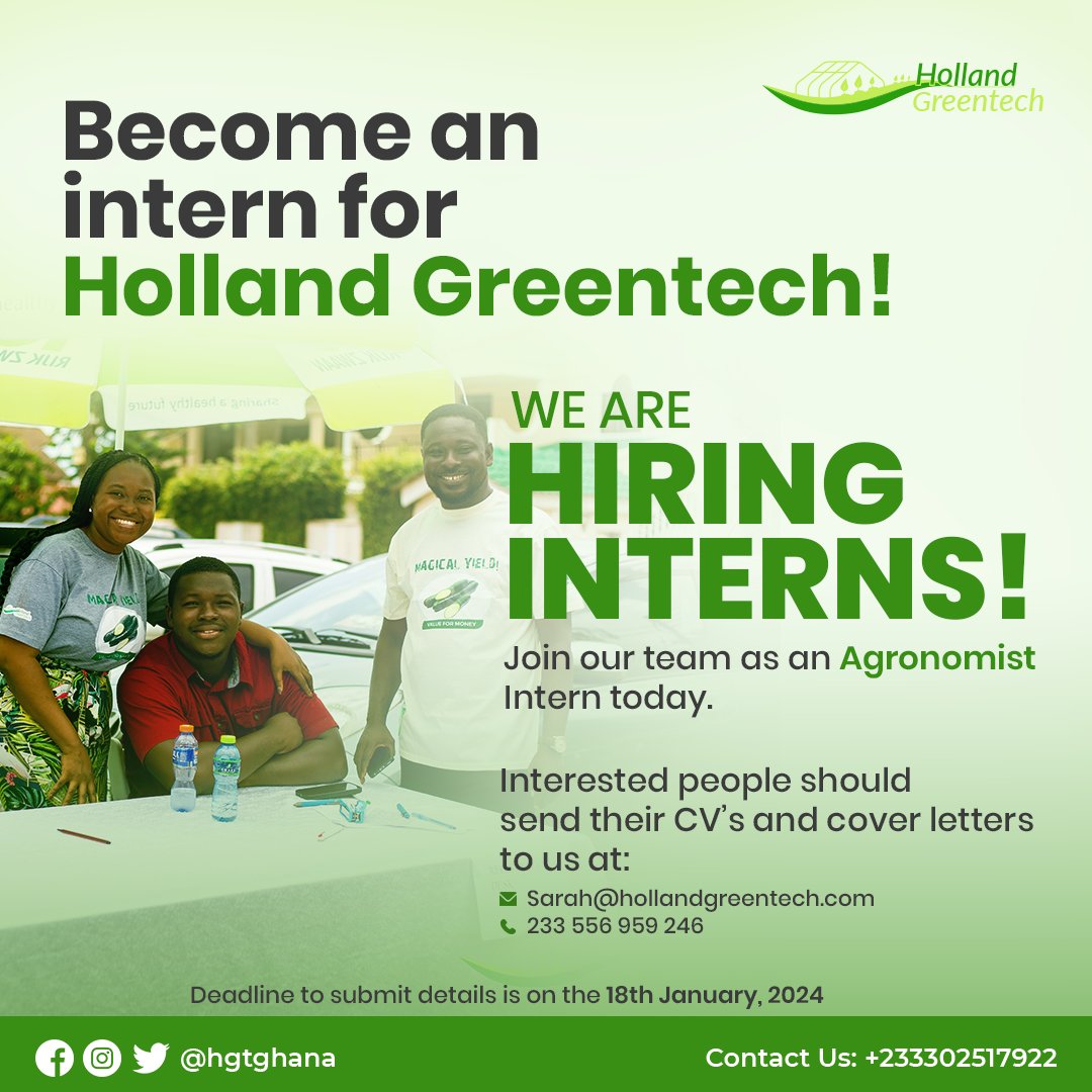 Holland Greentech Ghana (@hgtghana) on Twitter photo Exciting News! Holland Greentech Ghana is offering internships for Agronomists!
Ready to grow your career? Call us at 📞 0556959246 or email 📧 Sarah@hollandgreentech.com.
Let's cultivate success together!
#AgroInternship #GreenInnovation Exciting News! Holland Greentech Ghana is offering internships for Agronomists!
Ready to grow your career? Call us at 📞 0556959246 or email 📧 Sarah@hollandgreentech.com.
Let's cultivate success together!
#AgroInternship #GreenInnovation