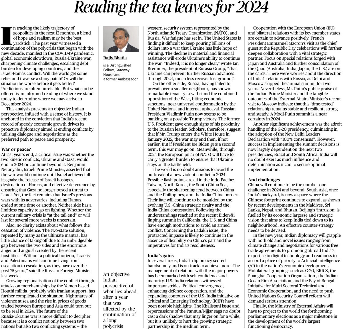 GatewayHouseIND's tweet photo. The past year witnessed a continuation of #polycrisis ranging from #economic #slowdown and escalating #debtburden to #IsraelHamasConflict.

@bhatia_rk writes in @the_hindu on expectations from 2024 and the potential gains for @IndianDiplomacy: https://t.co/h293OPaNlg https://t.co/8Vc5Ow3Ctl