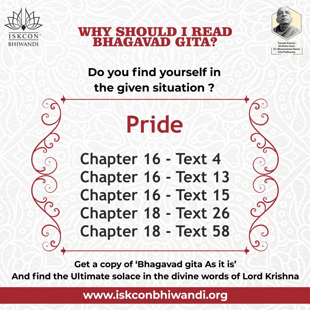 IskconBhiwandi's tweet photo. Krishna does not like a heart full of false pride, and the human nature is to have false pride. Therefore, Gita explains how to remove the false pride and to cultivate the real love for Kirshna in heart.
#ISKCONBhiwandi #giftgita #iskcon #iskconworld #BhagavadGita #FalsePride https://t.co/VUjCAhnu37