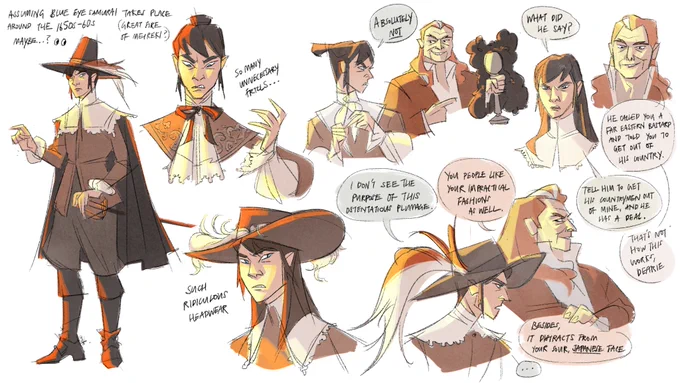 had some fun imagining mizu in 17th century england (also with bangs?) 👀 #BlueEyeSamurai #mizu #BlueEyeSamuraifanart #blueeyesamuraimizu #mizufanart 
ps: pls don't take any of this seriously; goofs only 🤸 