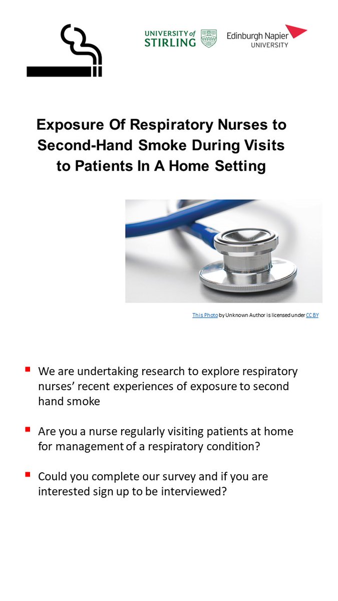 We need nurses working in respiratory settings visiting respiratory patients at home to give their views about second hand smoke. Please complete/share with your nursing colleagues. Please complete the survey here survey.napier.ac.uk/n/zz8hc.aspx