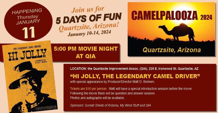 mattdbremen's tweet photo. #Camelpalooza2024 in Quartzsite, AZ, Jan 10-14! Step back in time on Jan 11, 5 PM, with “Hi Jolly, The Legendary Ottoman Camel Driver” movie night. Special appearance by director Matt D. Bremen. Don’t miss this historical journey! 
#HiJollyDay
@QuartzsiteAZ   @USEmbassyTurkey https://t.co/zVVxL17q6Y
