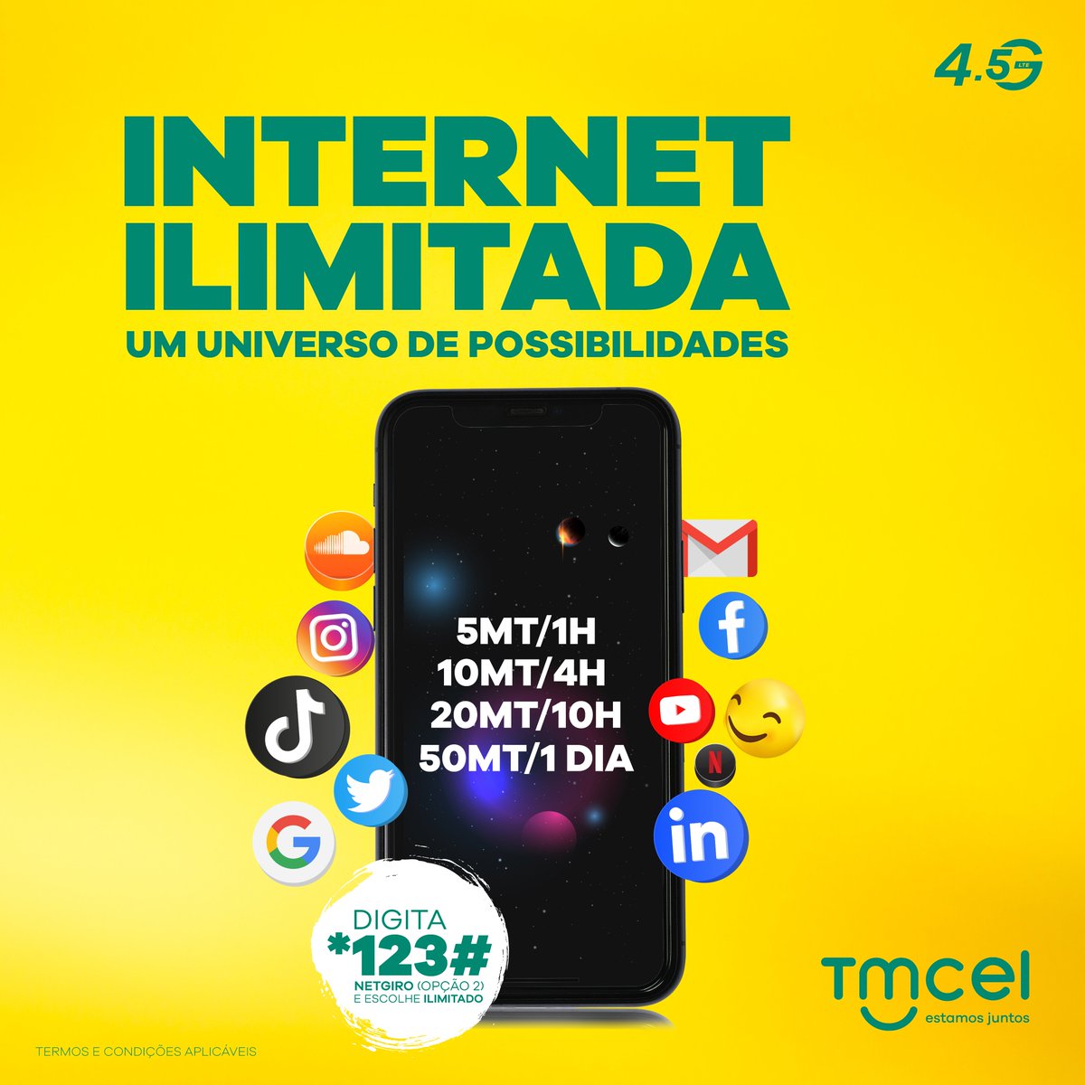 Fica sempre online com os novos Pacotes de Internet ILIMITADOS. 

Partilha memes, curte beats e filmes durante horas, sem te preocupares com os teus dados móveis.

Digita *123#, selecciona Netgiro e escolhe o teu pacote ILIMITADO.

#PacotesNetgiro 
#Tmcel #LTE #EstamosJuntos