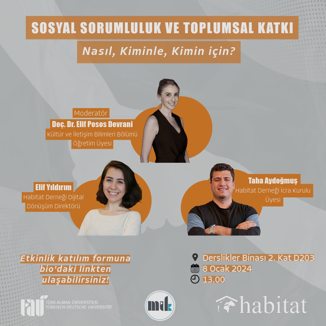miktau's tweet photo. Değerli hocamız Elif Posos Devrani 'nin moderatörlüğünü üstlendiği, Habitat Derneği Dijital Dönüşüm Direktörü Elif Yıldırım ve İcra Kurulu Üyesi Taha Aydoğmuş katılımıyla 8 Ocak 13.00'da, "Sosyal Sorumluluk ve Toplumsal Katkı" temalı etkinliğimize hepinizi bekliyoruz. 🌿 https://t.co/7wuXAxY44o