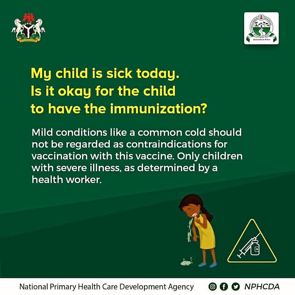 Children can still get vaccines – even with a fever or mild illness because a mild illness does not affect how well the body responds to a vaccine, your child can still be vaccinated if he or she has:

➡️ A low grade fever
➡️ A cold, runny nose, or cough
➡️An ear infection