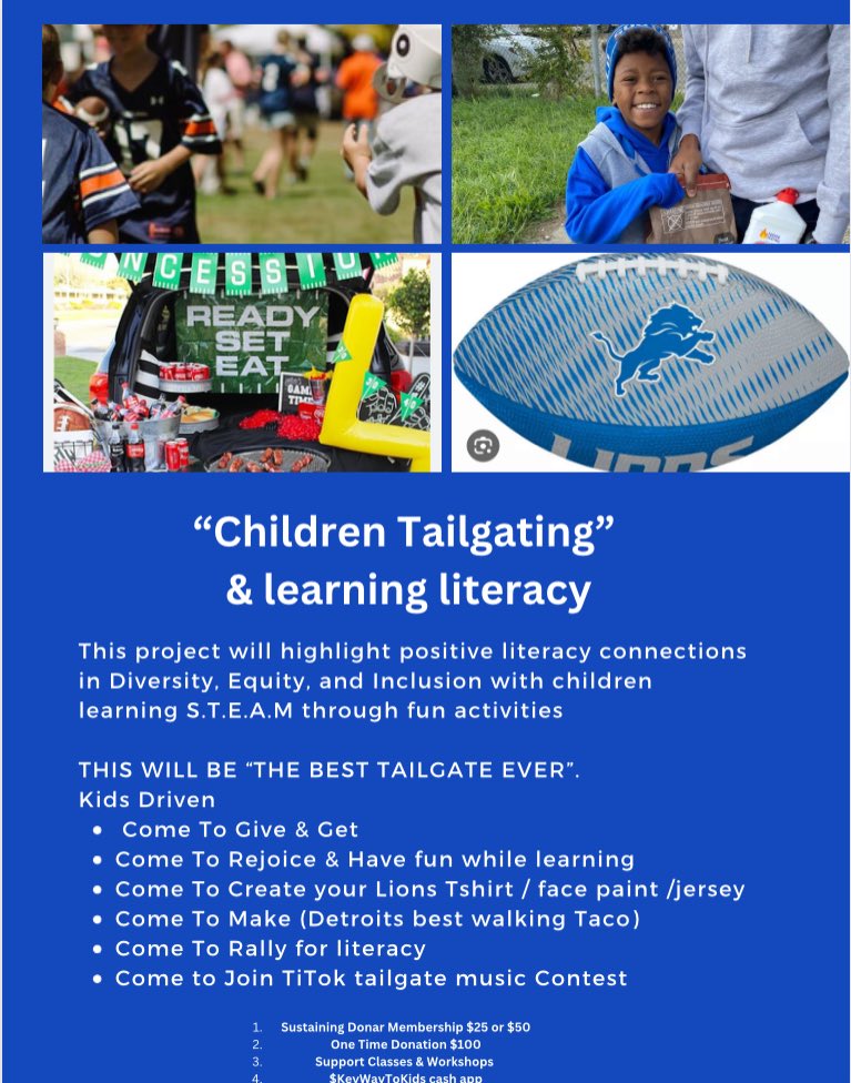 KeyWay2Kids's tweet image. Children tailgating while having fun. Join our rally for literacy @Lions @DetroitLions @DetroitLionsPro