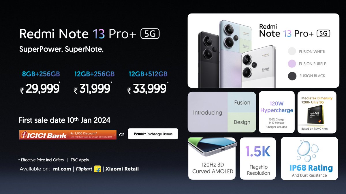 Xiaomi Redmi Note 13 Pro+ 5G Smartphone, 8GB+256GB / 12GB+512GB, MediaTek  Dimensity 7200-Ultra