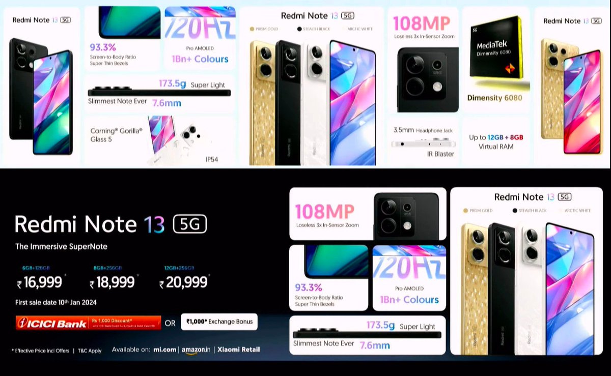 simransingh931's tweet photo. 🚀 Redmi Note 13 Series Unveiled in India! 🚀

Redmi Note 13:

Performance: MediaTek Dimensity 6080, 6/8/12GB RAM, 256GB Storage
Display: 6.67" FHD+ AMOLED, 120Hz, 1000nits Brightness
Camera: 108MP Main + 8MP Ultra-Wide + 2MP Macro
Battery: 5000mAh, 33W Fast Charging
Design: Gorilla Glass 5, Splash & Dust Resistant (IP54)
Software: MIUI 13, Android 12
Colors: Arctic White, Prism Gold, Stealth Black
Price: ₹17,999
Sale: From January 10

Redmi Note 13 Pro:

Performance: Snapdragon 7s Gen 2, 8GB RAM, 128GB Storage
Display: 6.67" 1.5K OLED, 120Hz, 1800nits, Gorilla Glass Victus
Camera: 200MP OIS + 8MP + 2MP Rear, 16MP Front
Battery: 5100mAh, 67W Charging
Features: IP54, X-axis Linear Motor
Software: Android 13
Colors: Artic White, Coral Purple, Midnight Black
Price: ₹23,999
Sale: From January 10

Redmi Note 13 Pro+ 5G:

Performance: Dimensity 7200 Ultra, 8GB RAM, 256GB Storage 
Display: 6.67" 1.5K OLED, 120Hz, 1800nits, Gorilla Glass Victus 
Camera: 200MP OIS + 8MP + 2MP Rear, 16MP Front Battery: 5000mAh, 120W Wired Charging Features: IP68, WiFi 6, BT 5.3, NFC 
Software: Android 13 Colors: Arctic White, Coral Purple, Midnight Black Price: ₹29,999 Sale: From January 10

📱 #RedmiNote13 #ProSeries #SmartphoneLaunch #RedmiNote13Pro #Redmi #Xiaomi #RedmiNote135G
