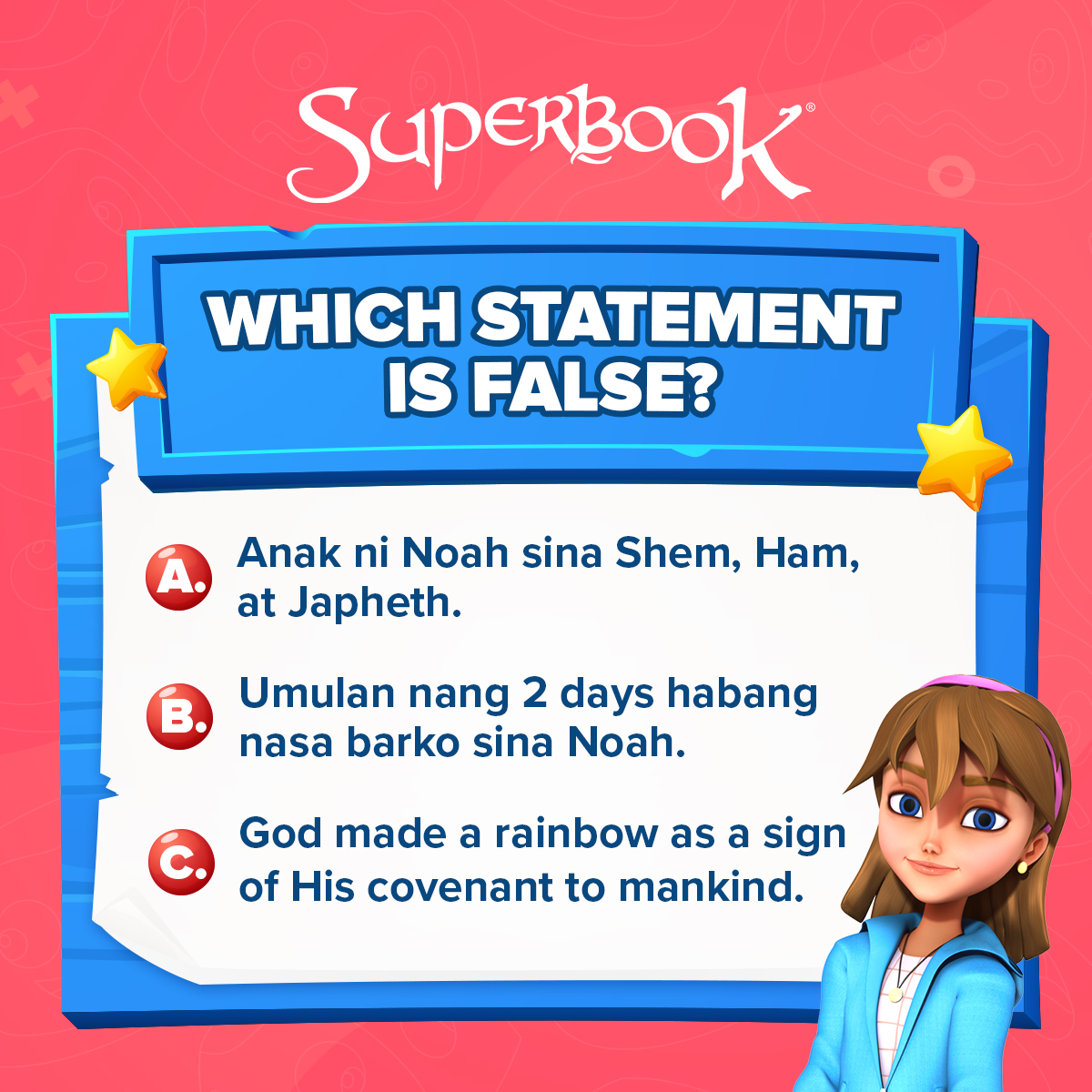 BatangSuperbook's tweet image. Let's test your knowledge about Noah's story in 3...2...1... GO! ⬇️ #WhichStatementIsFalse

For more games like this, visit the Superbook Website: bit.ly/3LZzvYn 😉