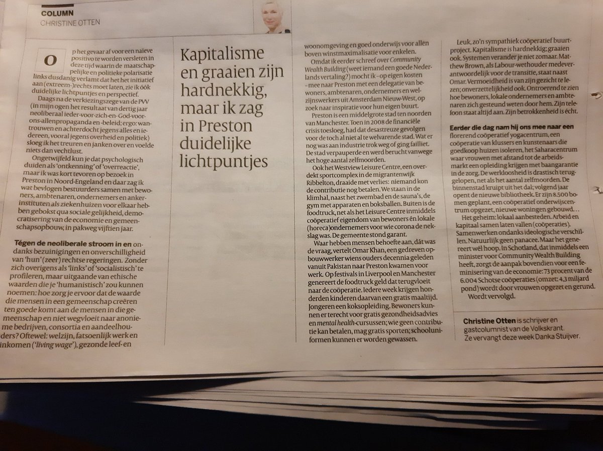 En in de papieren @volkskrant vandaag. 'Ongetwijfeld kun je dat (optimisme) psychologisch duiden als 'ontkenning' of 'overreactie', maar ik was in Preston in Noord Engeland geweest en daar zag ik perspectief.' #communitywealthbuilding volkskrant.nl/cs-bac3d8d1