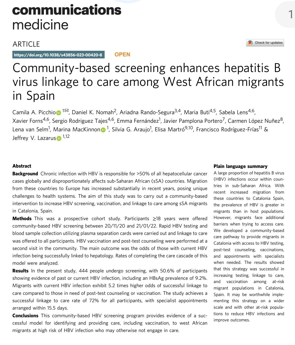 Our <a href="/ISGLOBALorg/">ISGlobal</a> mobile clinic screened 444 people with 50.6% showing evidence of past or current HBV infection, including an HBsAg prevalence of 9.2%. We will expand our viral hepatitis project from 3 to 5 European countries in 2024 nature.com/articles/s4385…
 #LiverTwitter #LiverX