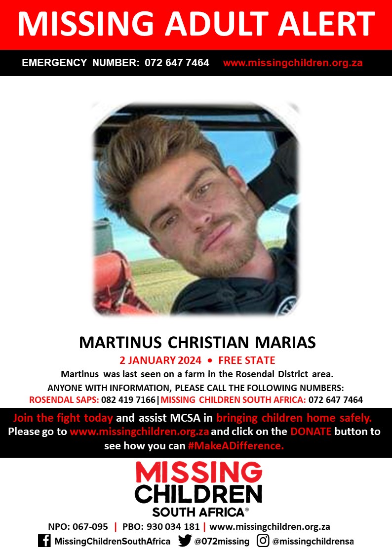 #MCSAMissing Martinus Christian Marais was last seen 2 January 2024 If you personally, or your company | or your place of work, would like to make a donation to #MCSA, please click here to donate: missingchildren.org.za/page/donate