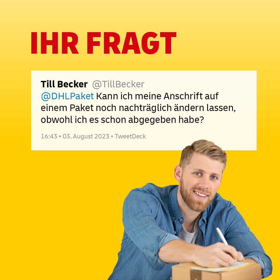 Die Anschrift kann nicht mehr geändert werden! 😕 Empfänger:innen können Sendungen (bei korrekter Adresse) aber an eine Filiale oder Packstation umleiten, falls sie feststellen, dass sie zum Zeitpunkt der angekündigten Zustellung doch nicht zuhause sind. 🤩 Zur Paketumleitung…