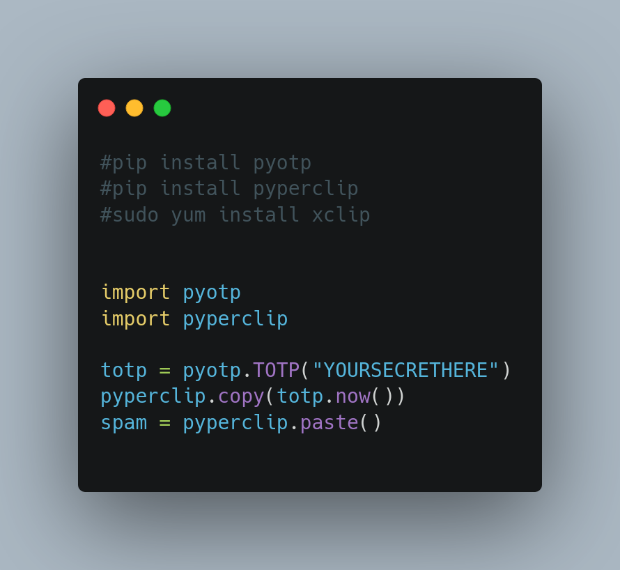 Python gurus taught me this neat trick: generating a time-based OTP  token from a secret and instantly copying it to the clipboard. All in  just three lines of code! ⏱️🔐 #Python #TOTP #CyberSecurity