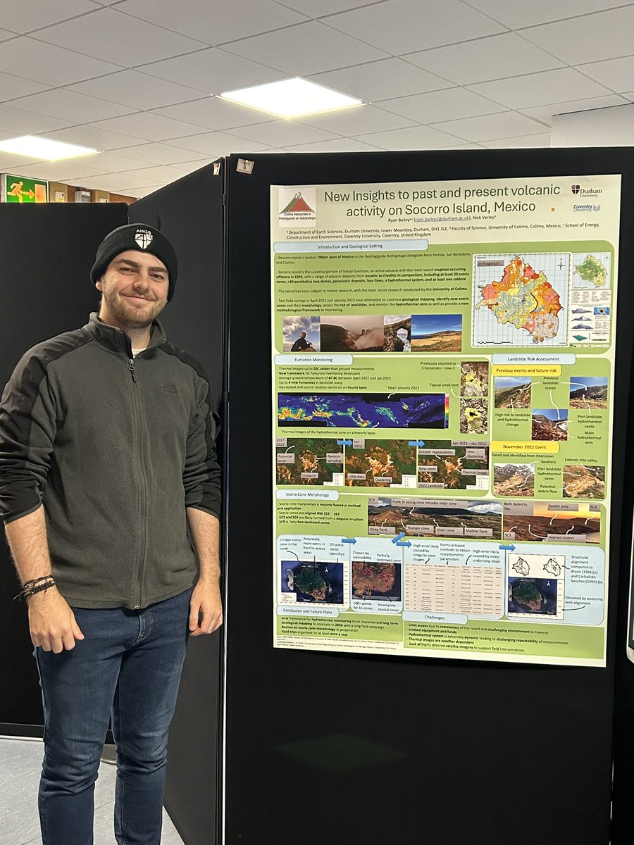 My first time at #vmsg2024 and my first ever poster! A brief look at the ongoing work on the quirky and fascinating Socorro Island - come check it out at poster #5! Look forward to getting about to see all the other amazing work today! @CovGeography @Durham_Volc