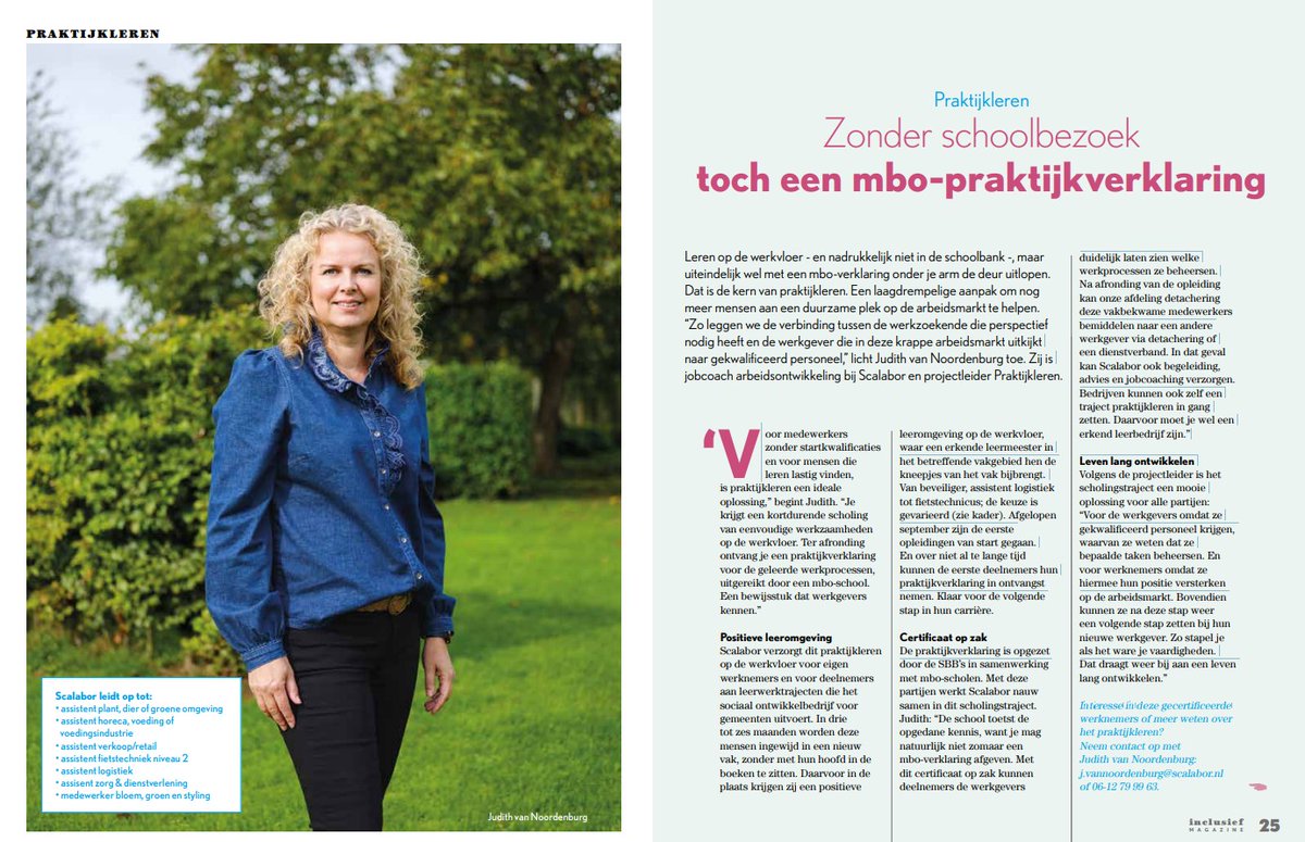 Geen schoolbanken, wél een mbo-praktijkverklaring! Judith van Noordenburg, jobcoach bij Scalabor, legt uit hoe #praktijkleren mensen zonder startkwalificaties en leeruitdagingen helpt. scalabor.nl/2024/01/03/zon…
#mogelijkmaken #Scalabor #Besteplek #LevenLangOntwikkelen