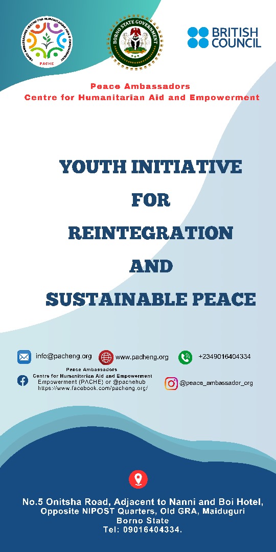 Peace Ambassadors Centre (@pache_org) on Twitter photo PACHE and British Council are partnering to  deliver a pilot project titled "Youth initiatives for reintegration and sustainable peace in Borno State, Nigeria’. 
The project will support young people aged between 18-35 to tackle these challenges that impact young people’s lives PACHE and British Council are partnering to  deliver a pilot project titled "Youth initiatives for reintegration and sustainable peace in Borno State, Nigeria’. 
The project will support young people aged between 18-35 to tackle these challenges that impact young people’s lives