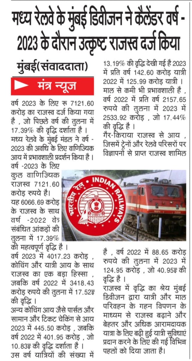 मध्य रेल के मुंबई मंडल ने कैलंडर वर्ष 2023 के दौरान बेहतरीन राजस्व दर्ज किया